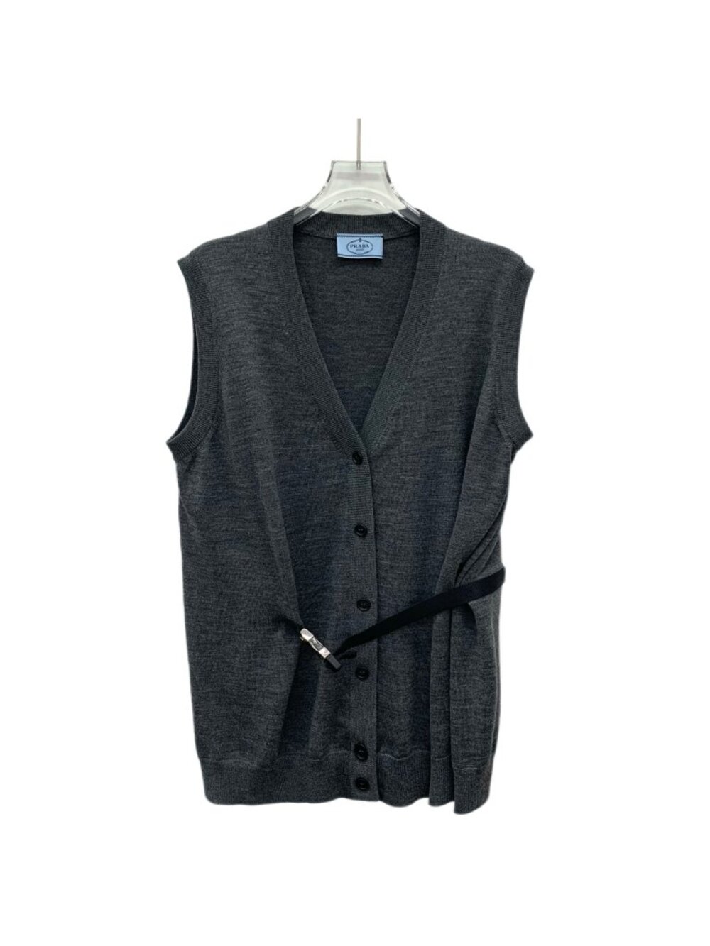 Prada Dark Gray Wool Belted V-Neck Knit Vest